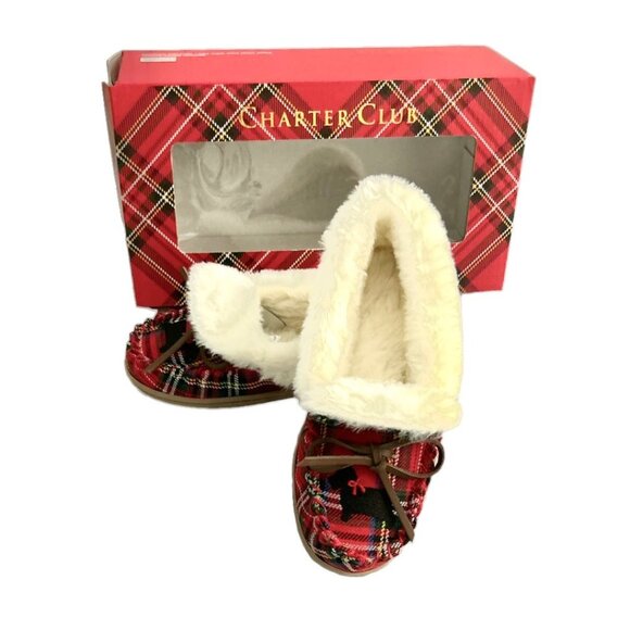 DORENDA Women's Moccasin Flat Loafers Slippers Red Plaid Dog Size 5 M - Picture 2 of 5